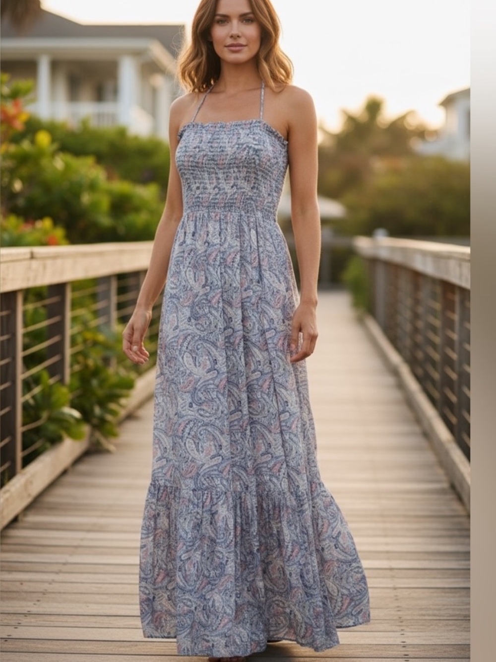 Regenbogen Maxi Dress Women Medium Blue Paisley Smocked Halter Tiered Rayon NWT